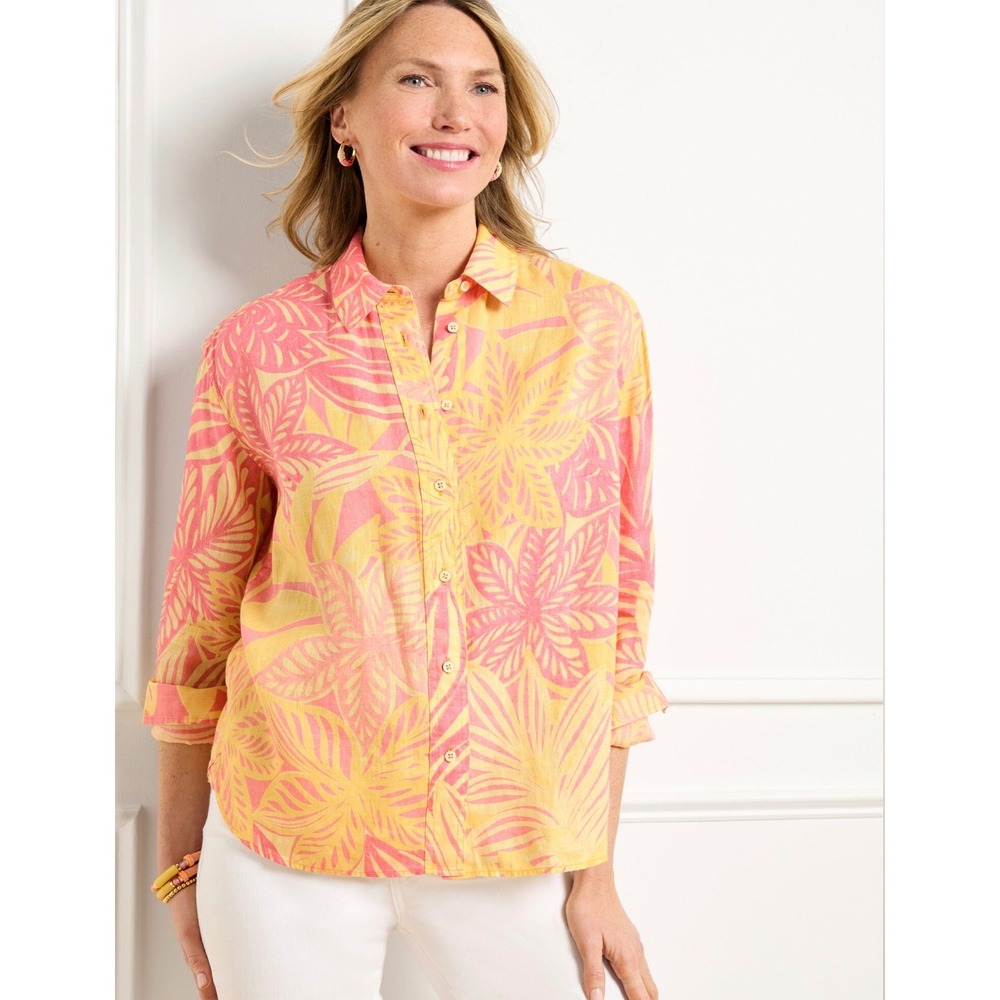 Talbots 100% Linen Long Sleeve Button Down Shirt Size XL Watercolor Botanical